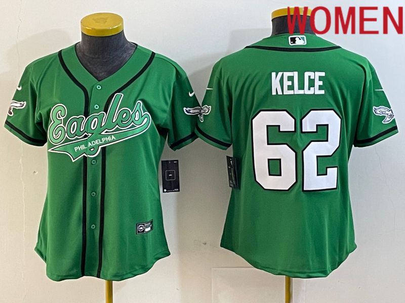 Women Philadelphia Eagles #62 Kelce Green Nike 2023 Co Branding Game NFL Jersey style 1->women nfl jersey->Women Jersey